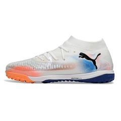 Bota de fútbol Puma Future 8 Turf TF blanca, naranja y azul claro