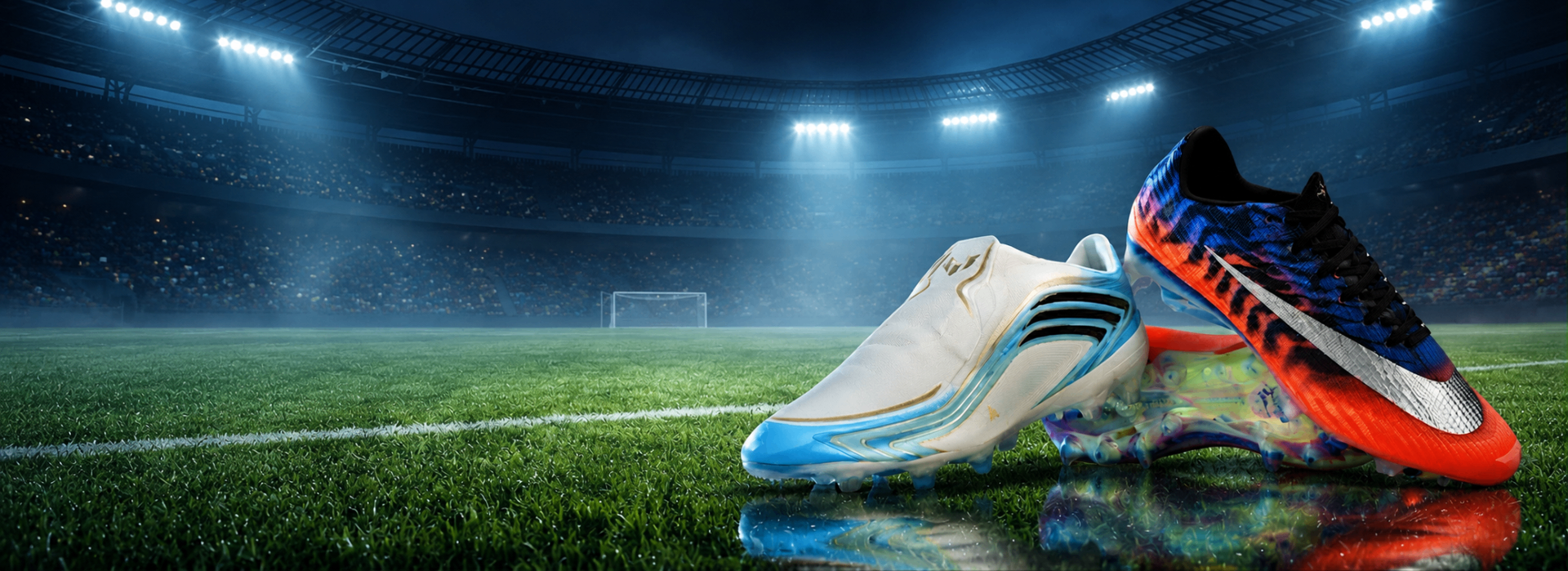 Chuteiras Nike Mercurial e Adidas F50 Messi em um gramado de estádio iluminado