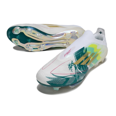 Scarpa da calcio Adidas F50+ Elite Laceless bianca e verde Mo Salah Pack per terreni compatti FG