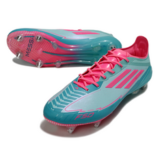 Botas de fútbol Adidas F50 Elite SG con tacos mixtos azul claro y rosa Messi