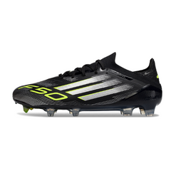 Bota de fútbol Adidas F50 Primeknit Elite negra, blanca y verde para terreno firme (FG).