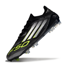 Bota de fútbol Adidas F50 Primeknit Elite negra, blanca y verde para terreno firme (FG).