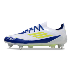 Scarpa da calcio Adidas F50 Primeknit Elite con tacchetti misti, bianca, blu e gialla, SG, Messi