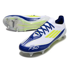 Scarpa da calcio Adidas F50 Primeknit Elite con tacchetti misti, bianca, blu e gialla, SG, Messi