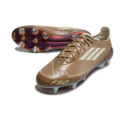 Scarpa da calcio Adidas F50 Primeknit Elite SG con tacchetti misti marrone e azzurro Messi
