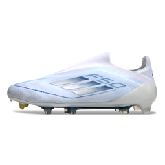 Scarpa da calcio Adidas F50 Elite Laceless bianca e blu per terreni compatti FG