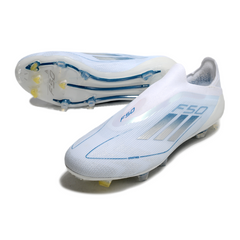 Scarpa da calcio Adidas F50 Elite Laceless bianca e blu per terreni compatti FG