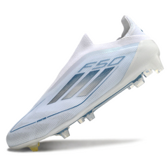 Scarpa da calcio Adidas F50 Elite Laceless bianca e blu per terreni compatti FG