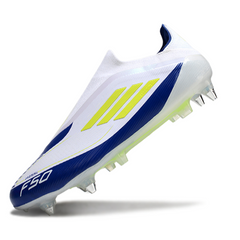 Botas de fútbol Adidas F50 Elite sin cordones, tacos mixtos blancos, azules y verdes SG para niños