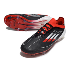 Bota de fútbol Adidas F50 Primeknit Elite negra, blanca y roja para terreno firme (FG).