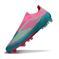 Botas de fútbol Adidas F50 Elite sin cordones, color azul claro y rosa, para terreno firme (FG).