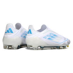 Scarpa da calcio Adidas F50 Elite Laceless bianca e azzurra per terreni compatti FG