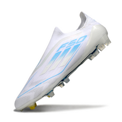 Scarpa da calcio Adidas F50 Elite Laceless bianca e azzurra per terreni compatti FG