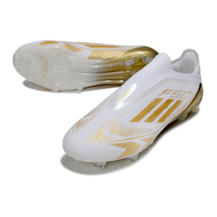 Scarpa da calcio Adidas F50 Elite Laceless bianca e oro per terreni compatti FG