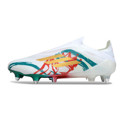 Botas de fútbol Adidas F50 Elite sin cordones, tacos mixtos blancos, verdes y rojos SG