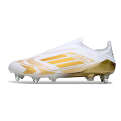 Scarpa da calcio Adidas F50 Elite SG senza lacci, bianca e oro, con tacchetti misti