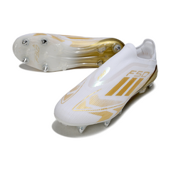 Scarpa da calcio Adidas F50 Elite SG senza lacci, bianca e oro, con tacchetti misti