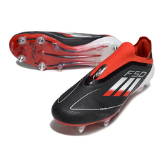 Botas de fútbol Adidas F50 Elite SG sin cordones, color negro, rojo y blanco, con tacos mixtos