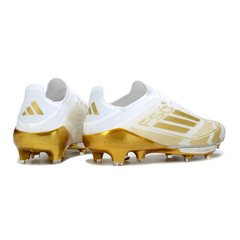 Botas de fútbol Adidas F50+ Elite FG para terreno firme, color blanco y dorado
