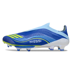Botas de fútbol Adidas F50+ Elite sin cordones, color azul, paquete Messi, para terreno firme (FG).