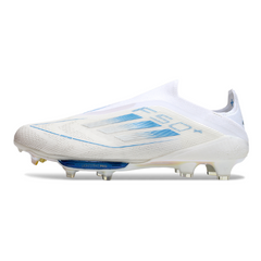 Scarpa da calcio Adidas F50+ Elite Laceless bianca e blu per terreni compatti FG