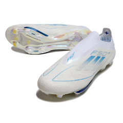Scarpa da calcio Adidas F50+ Elite Laceless bianca e blu per terreni compatti FG