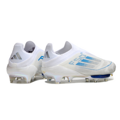 Scarpa da calcio Adidas F50+ Elite Laceless bianca e blu per terreni compatti FG