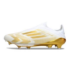 Botas de fútbol Adidas F50+ Elite sin cordones, blancas y doradas, para terreno firme FG