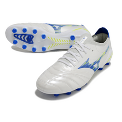 Scarpa da calcio Mizuno Morelia Neo IV Elite bianca, blu e gialla per terreni compatti FG