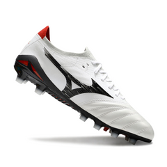 Botas de fútbol Mizuno Morelia Neo IV Elite FG para terreno firme, color blanco, negro y rojo