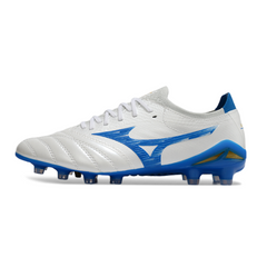 Scarpa da calcio Mizuno Morelia Neo IV Elite bianca e blu per terreni compatti FG