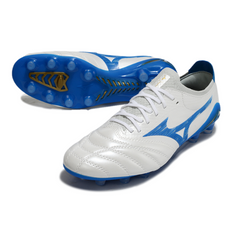 Scarpa da calcio Mizuno Morelia Neo IV Elite bianca e blu per terreni compatti FG