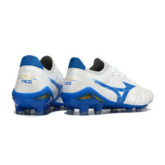 Scarpa da calcio Mizuno Morelia Neo IV Elite bianca e blu per terreni compatti FG