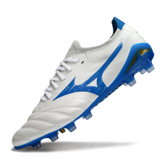 Scarpa da calcio Mizuno Morelia Neo IV Elite bianca e blu per terreni compatti FG