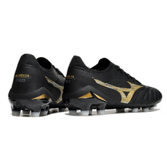 Botas de fútbol Mizuno Morelia Neo IV Elite FG para terreno firme, color negro y dorado
