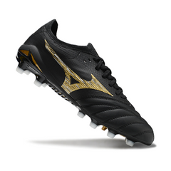 Botas de fútbol Mizuno Morelia Neo IV Elite FG para terreno firme, color negro y dorado