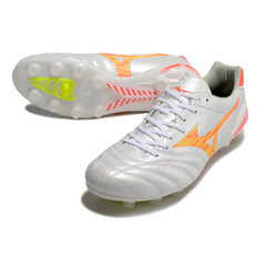 Scarpa da calcio Mizuno Morelia Neo IV Pro FG bianca arancione e gialla per terreni compatti