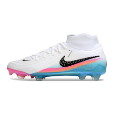 Bota de fútbol Nike Phantom Luna 2 Elite DF blanca, azul claro y rosa para terreno firme (FG).