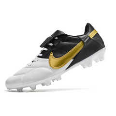 Chuteira Campo Nike Premier 3 FG Branca, Preta e Dourada - VENI Futebol