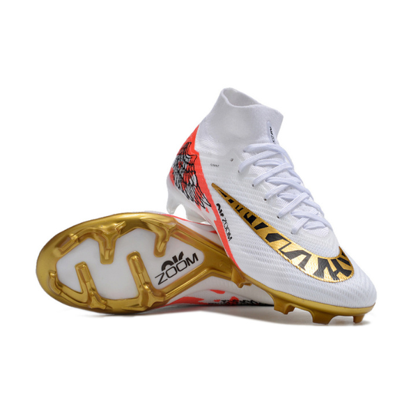 Chuteira Infantil Campo Nike Zoom Mercurial Superfly 9 Elite FG Branca, Vermelha e Dourada - VENI Futebol