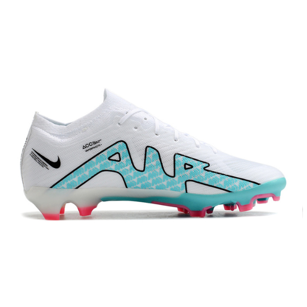 Chuteira Infantil Campo Nike Zoom Mercurial Vapor 15 Elite FG Branca, Azul Claro e Rosa - VENI Futebol