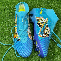 Chuteira Infantil Campo Nike Zoom Mercurial Superfly 9 Elite FG Mbappe Azul Tamanho 36