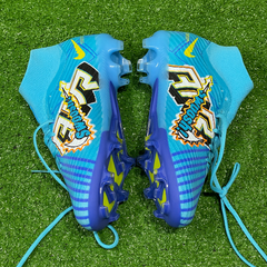 Chuteira Infantil Campo Nike Zoom Mercurial Superfly 9 Elite FG Mbappe Azul Tamanho 36