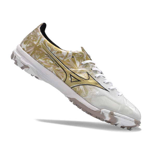 Chuteira Society Mizuno Alpha TF Branca e Dourada - VENI Futebol