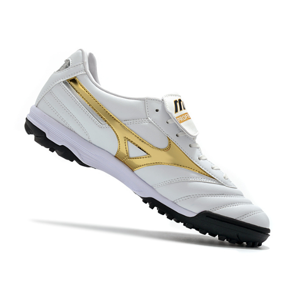 Chuteira Society Mizuno Morelia Sala Classic TF Branca, Dourada e Preta - VENI Futebol